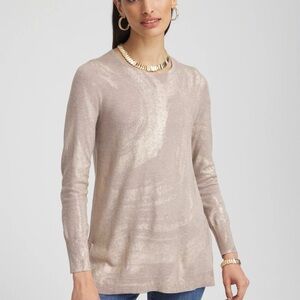 Chicos Gold Metallic Foil Crew Neck tunic Sweater 1 MEDIUM